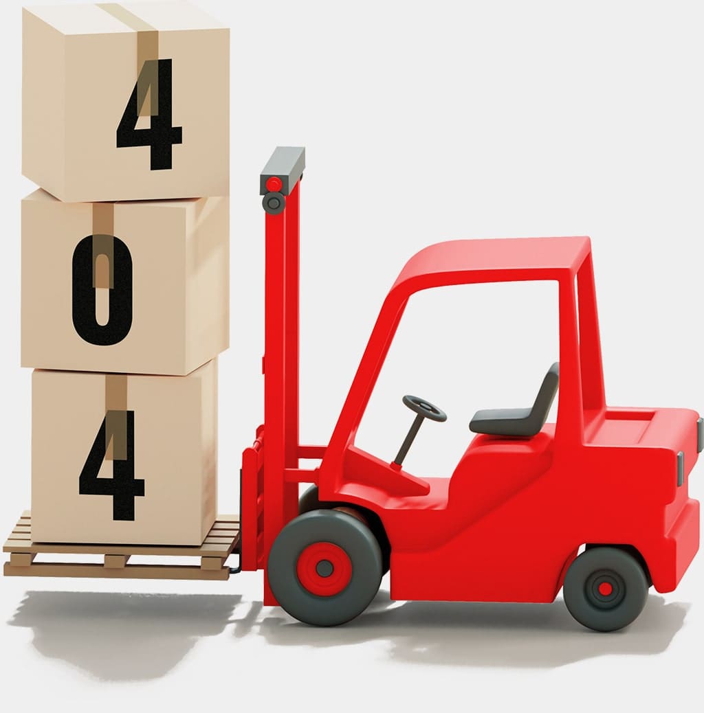 Cartoon illustration of a forklift carrying boxes with 404 written on them